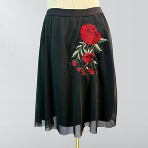 Btween Us Black Tulle Rose Embroidered Skirt